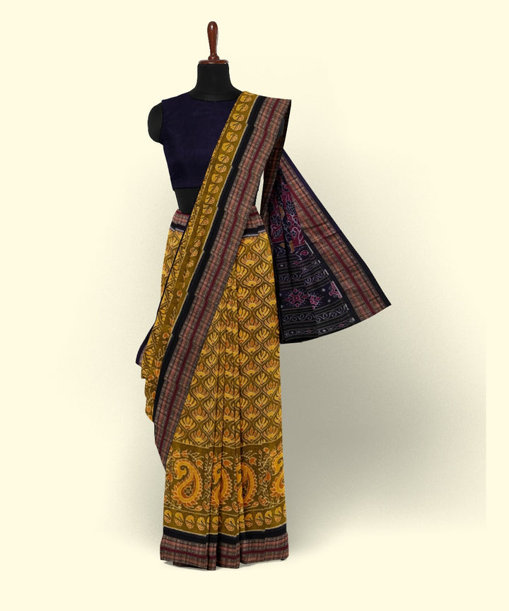 Yellow black cotton handwoven sambalpuri saree