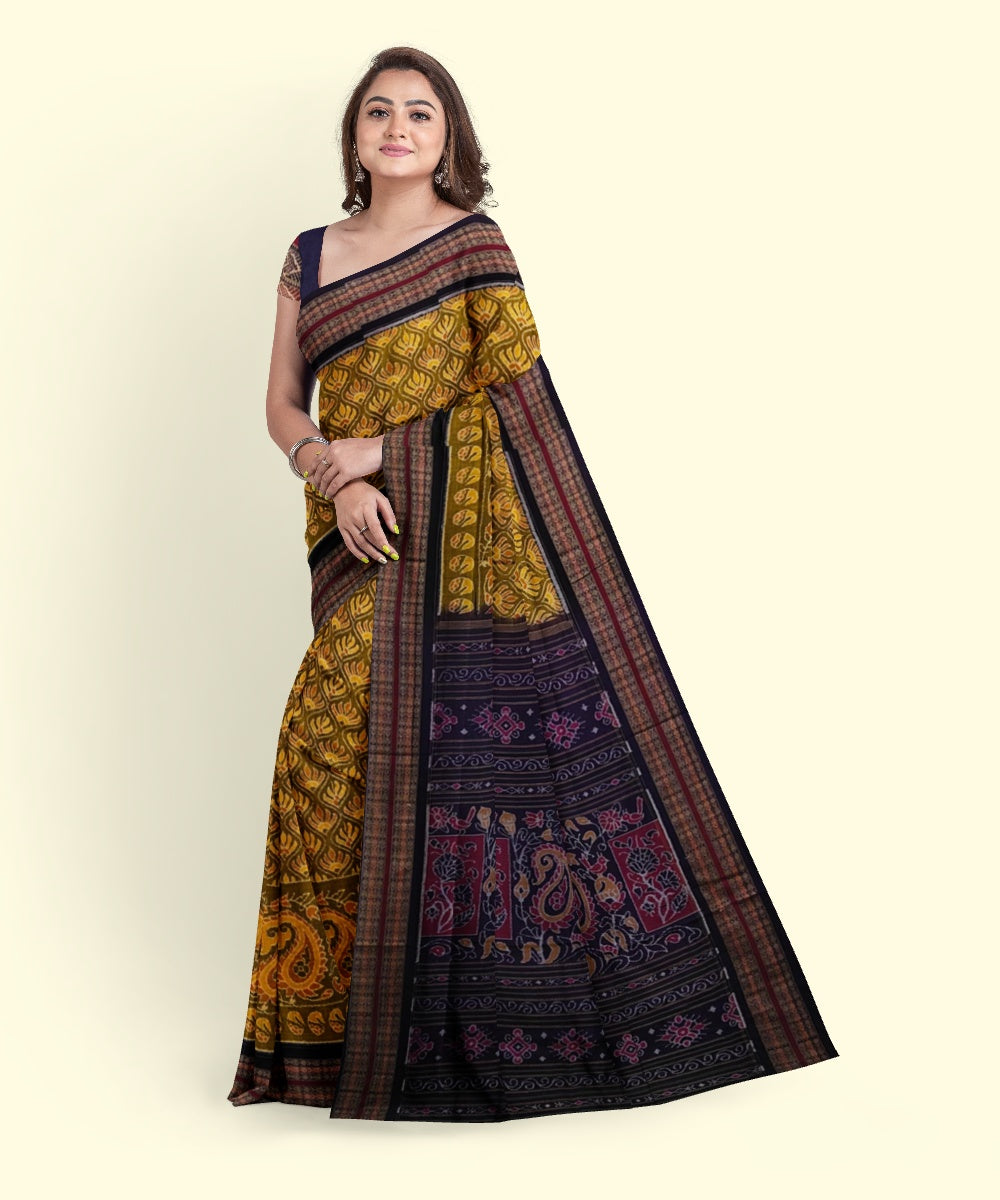 Yellow black cotton handwoven sambalpuri saree
