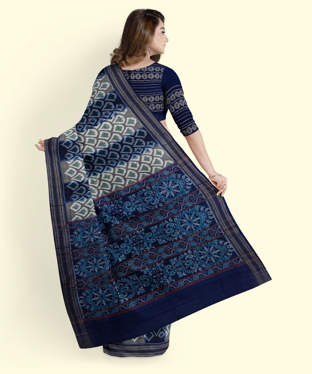 Navy blue grey cotton handwoven sambalpuri saree