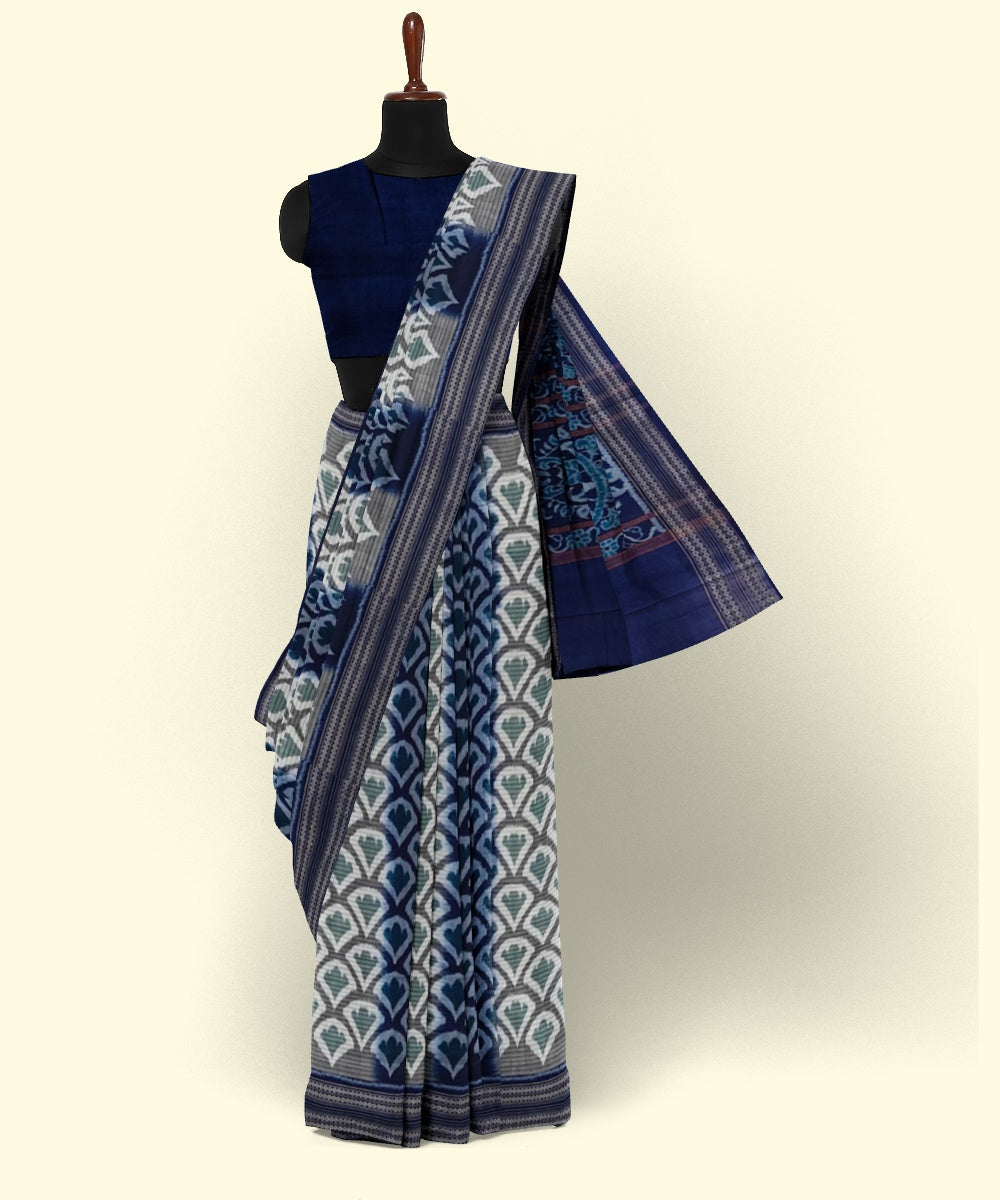 Navy blue grey cotton handwoven sambalpuri saree