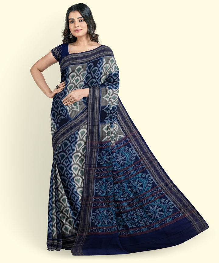 Navy blue grey cotton handwoven sambalpuri saree