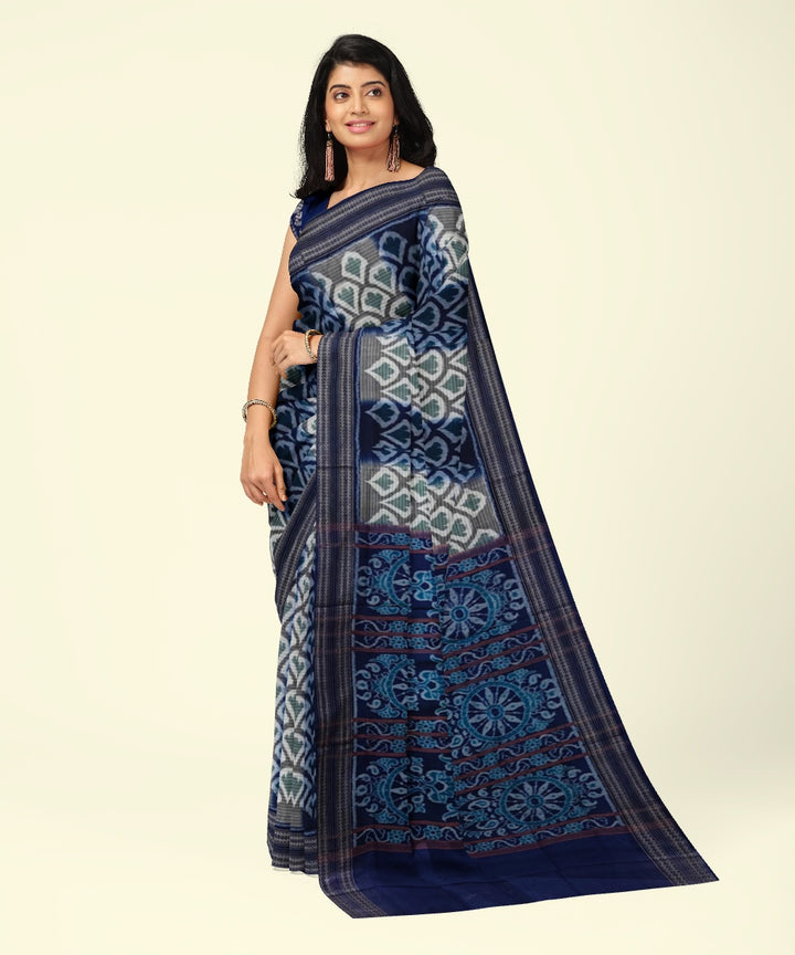 Navy blue grey cotton handwoven sambalpuri saree