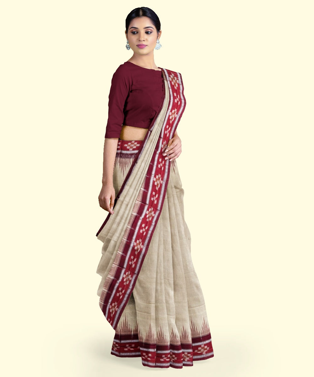 Beige maroon handloom cotton nuapatna saree
