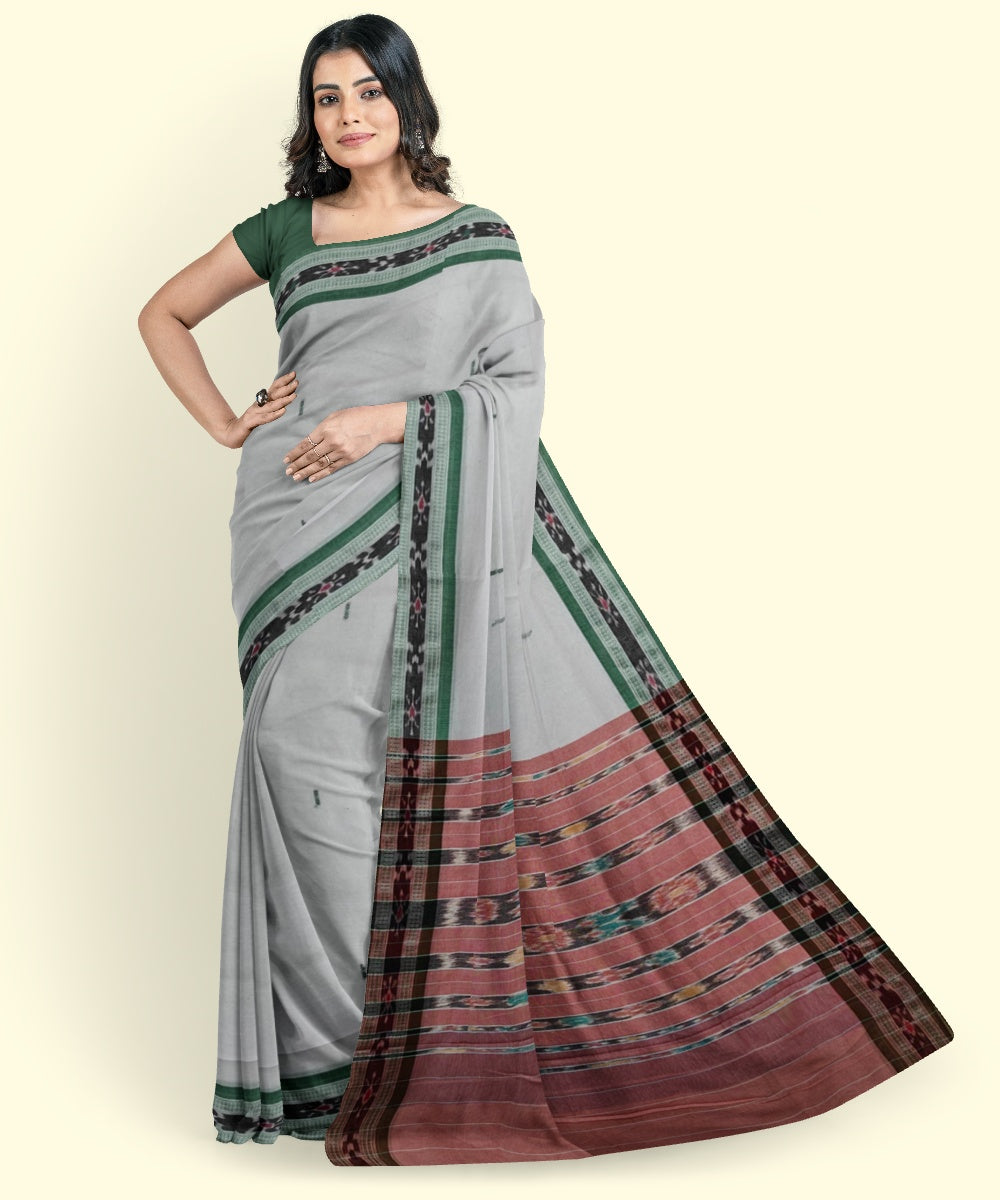 White pink cotton handloom nuapatna saree