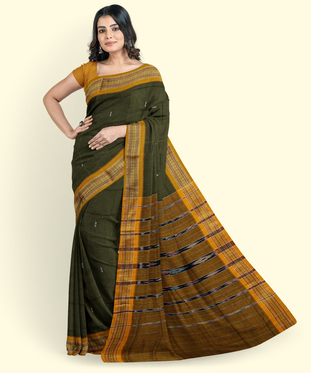 Olive green mustard cotton handloom nuapatna saree