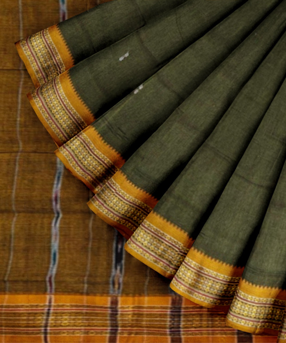 Olive green mustard cotton handloom nuapatna saree