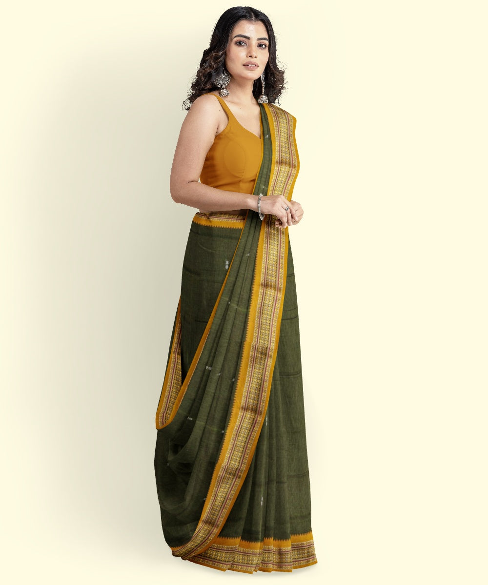Olive green mustard cotton handloom nuapatna saree