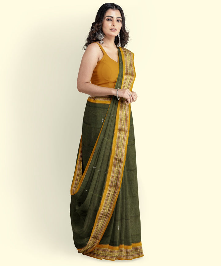 Olive green mustard cotton handloom nuapatna saree