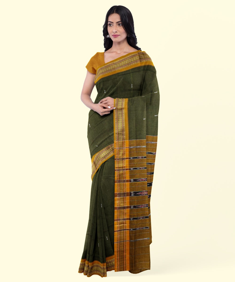 Olive green mustard cotton handloom nuapatna saree