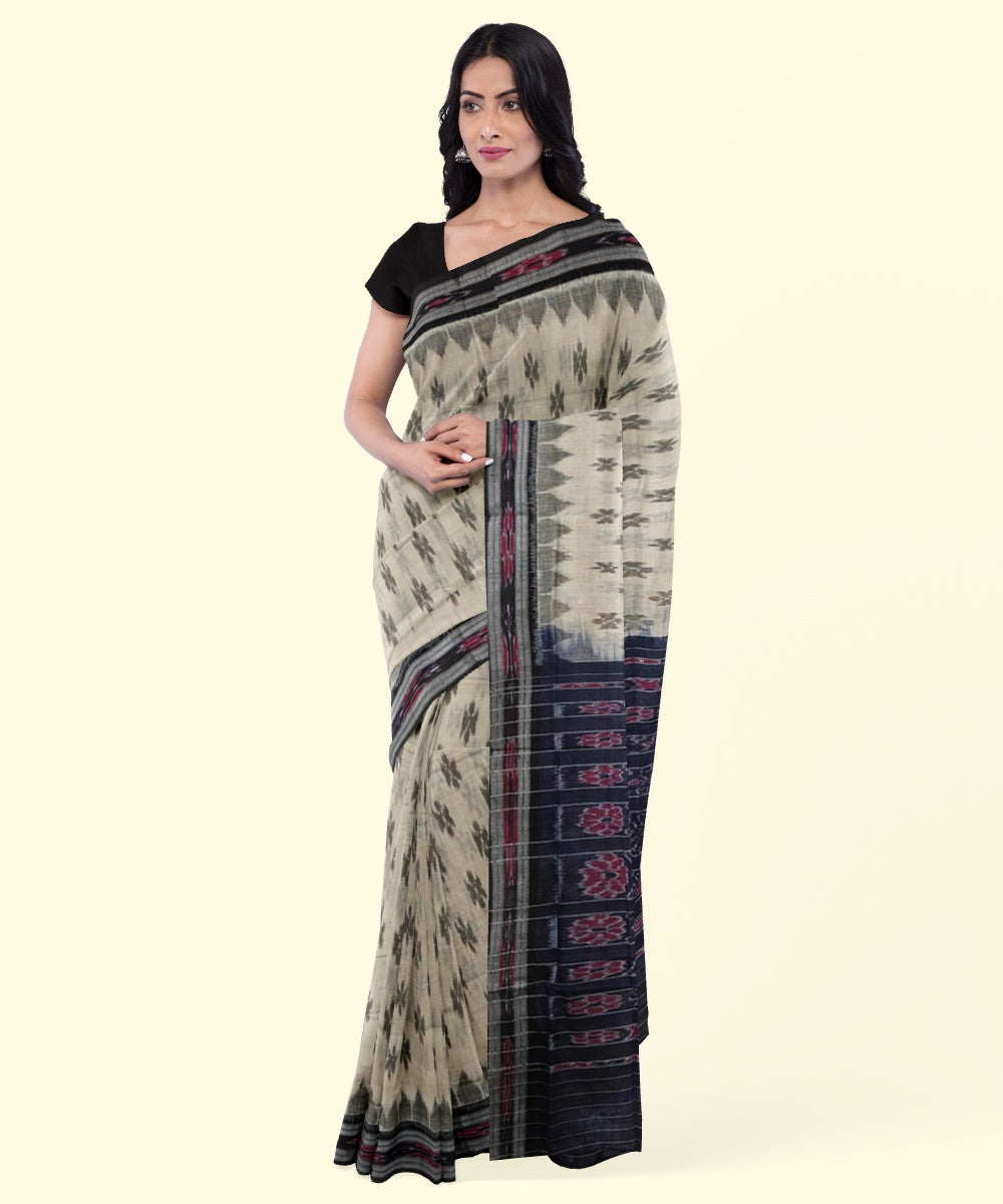 Offwhite black handloom cotton nuapatna saree