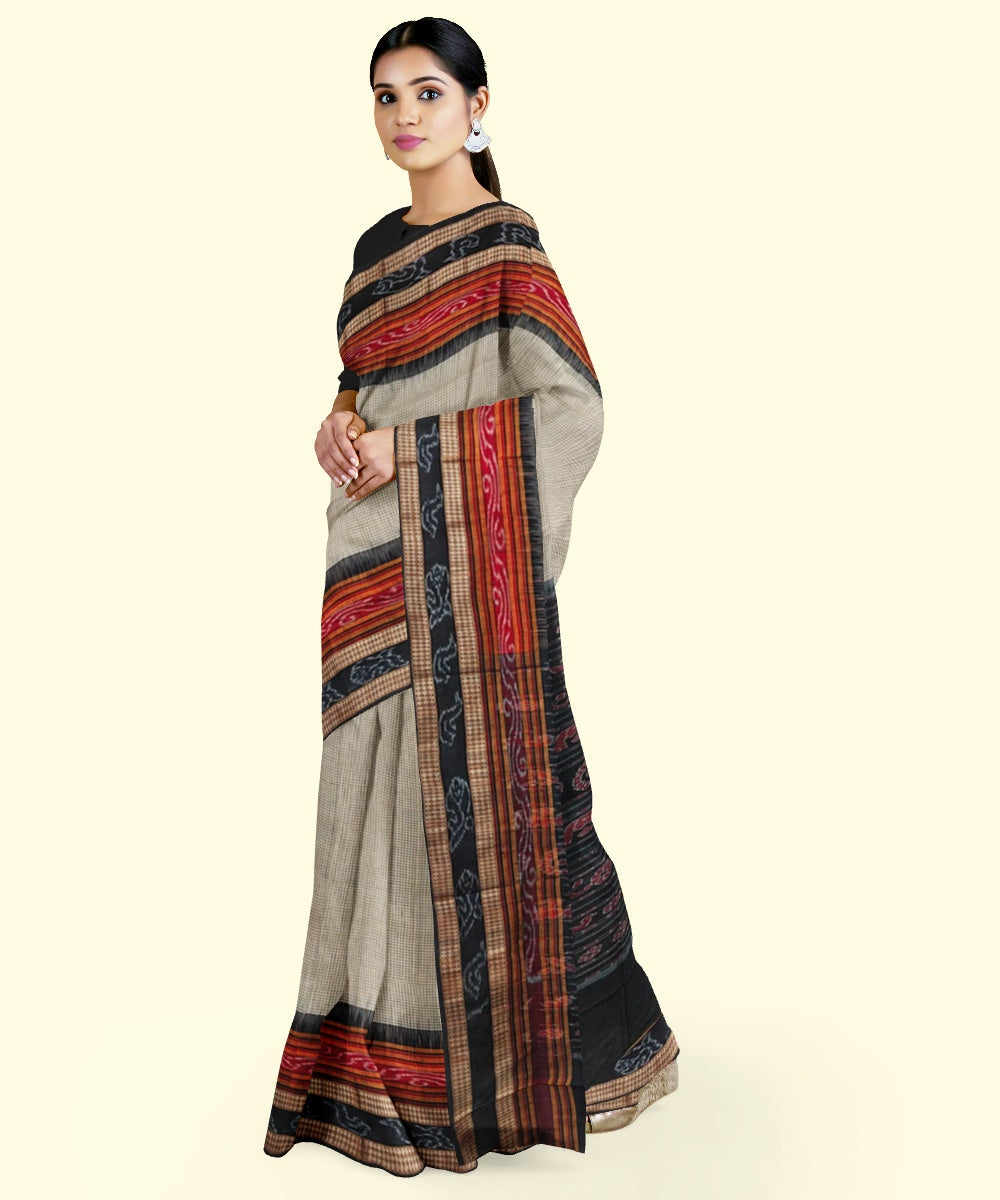 Beige black cotton handloom nuapatna saree