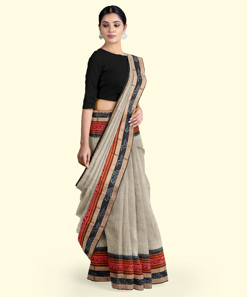 Beige black cotton handloom nuapatna saree
