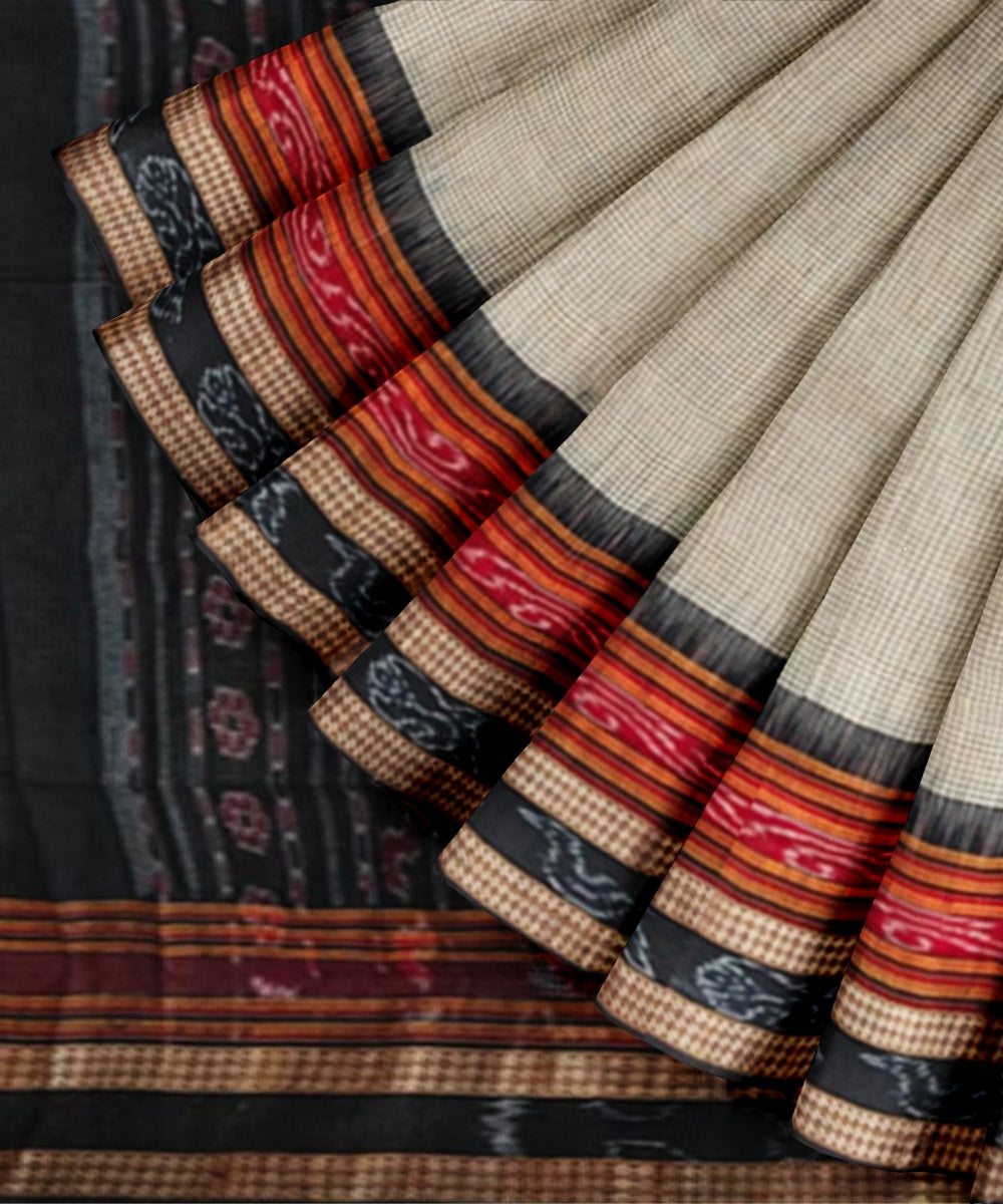 Beige black cotton handloom nuapatna saree