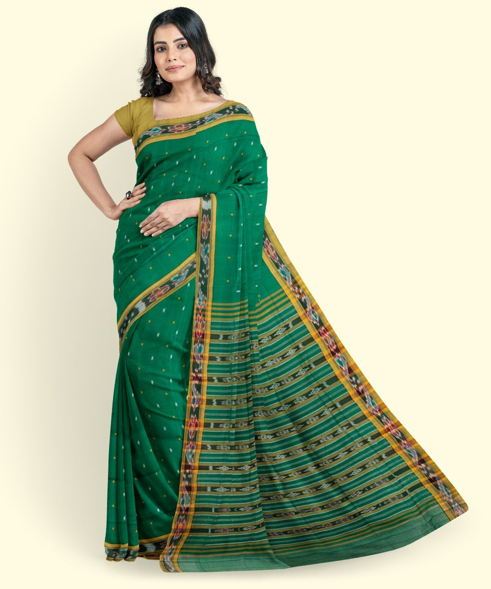 Dark green mustard cotton handloom nuapatna saree