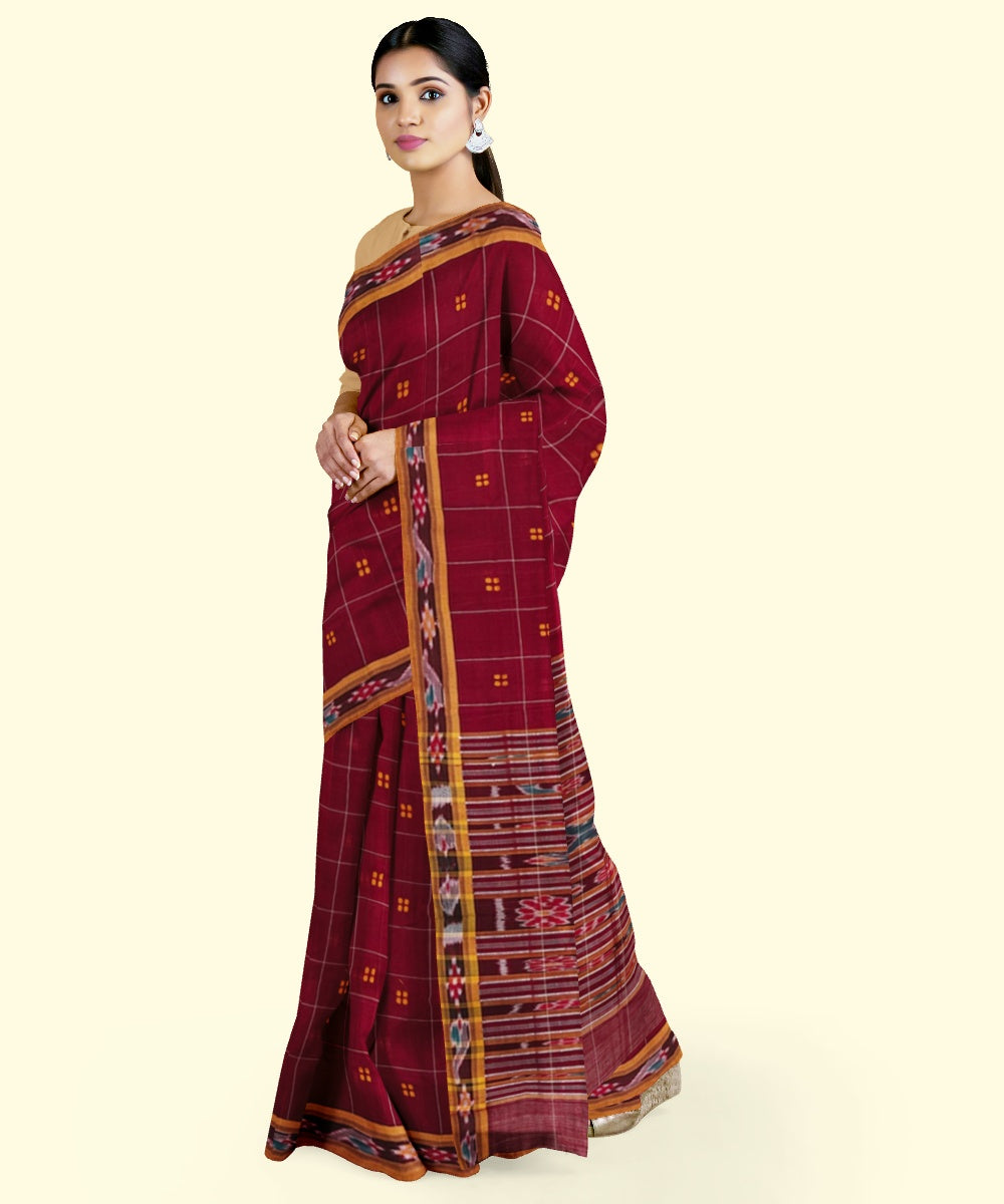 Maroon mustard cotton handloom nuapatna saree