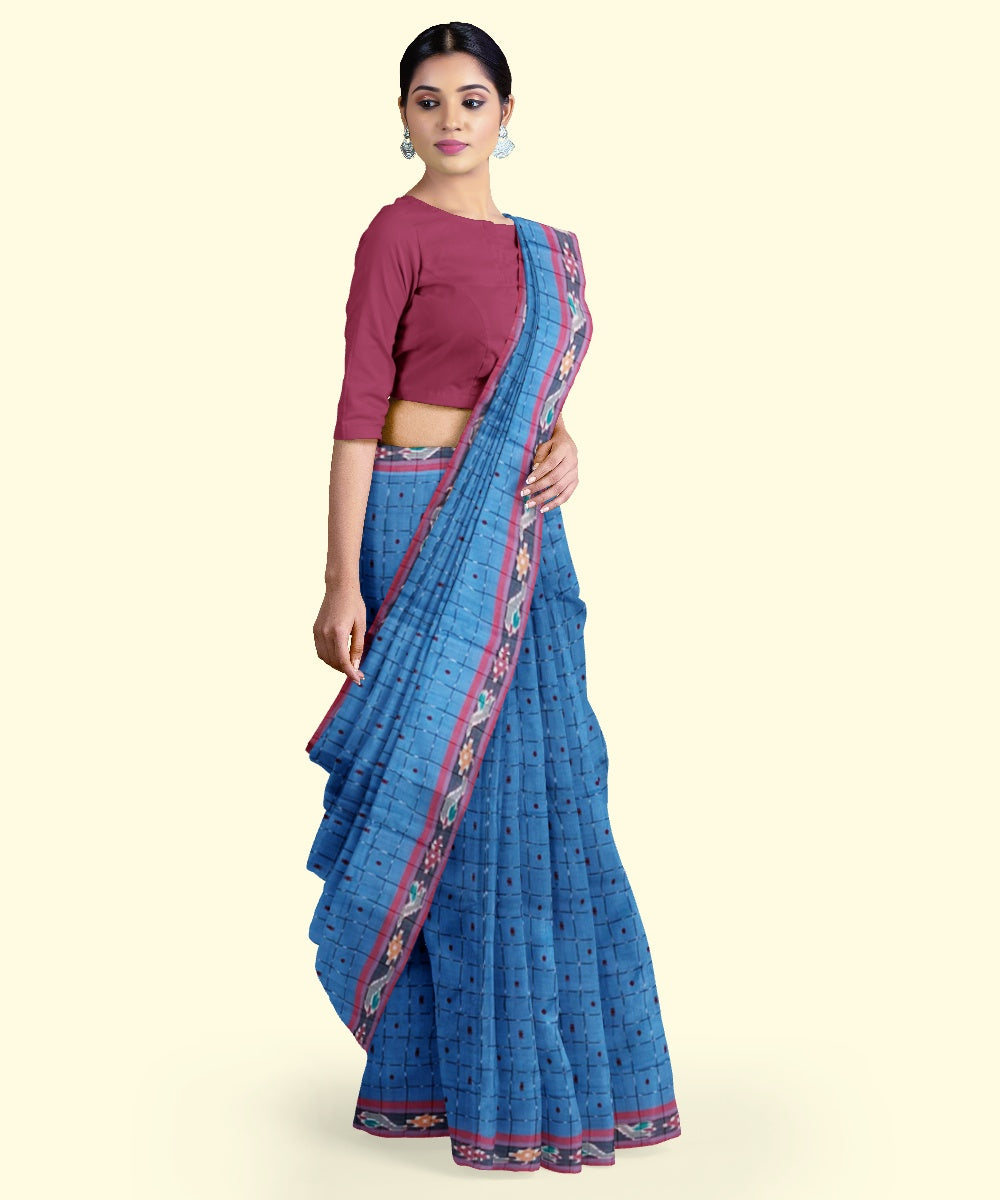 Sky blue maroon cotton handloom nuapatna saree