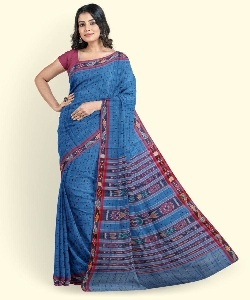 Sky blue maroon cotton handloom nuapatna saree