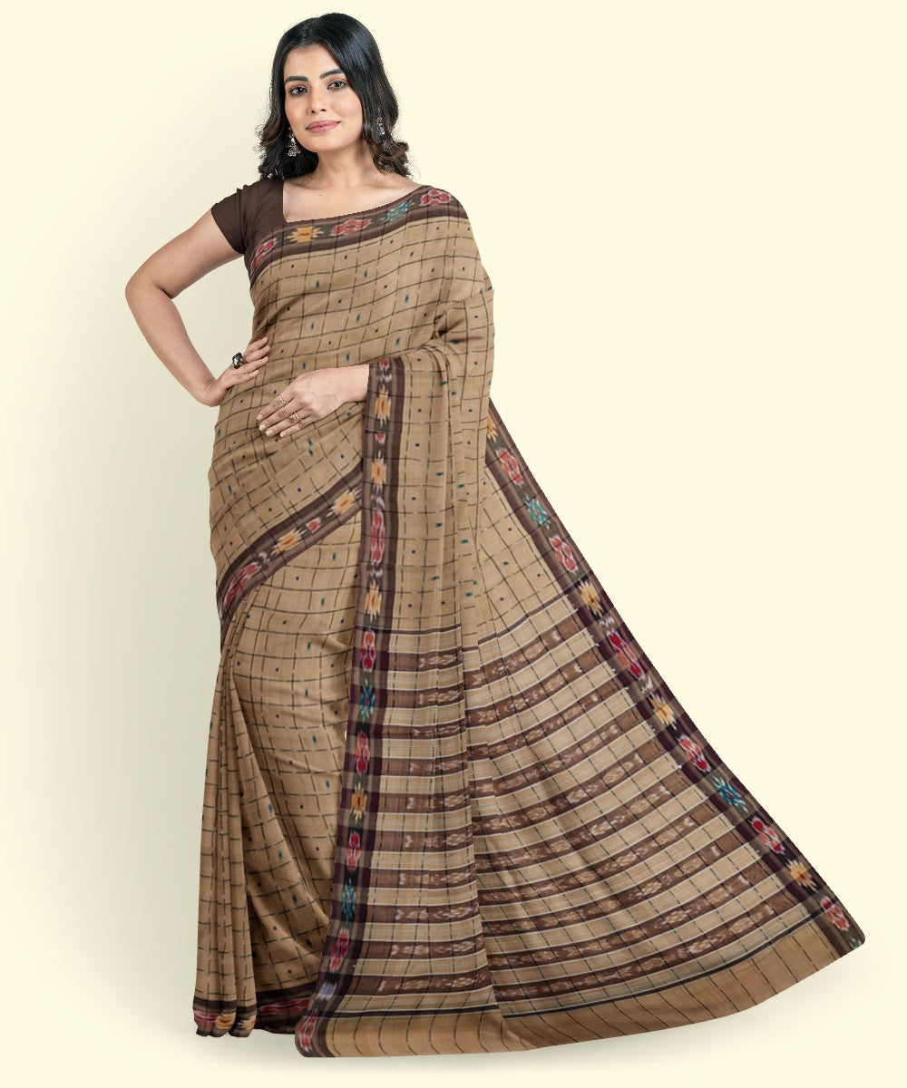 Beige maroon cotton handloom nuapatna saree