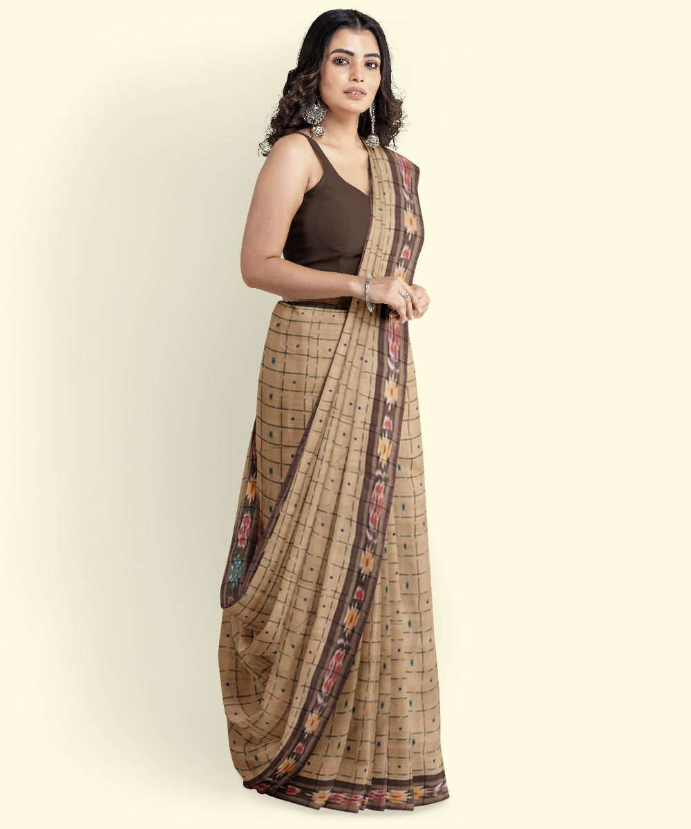 Beige maroon cotton handloom nuapatna saree