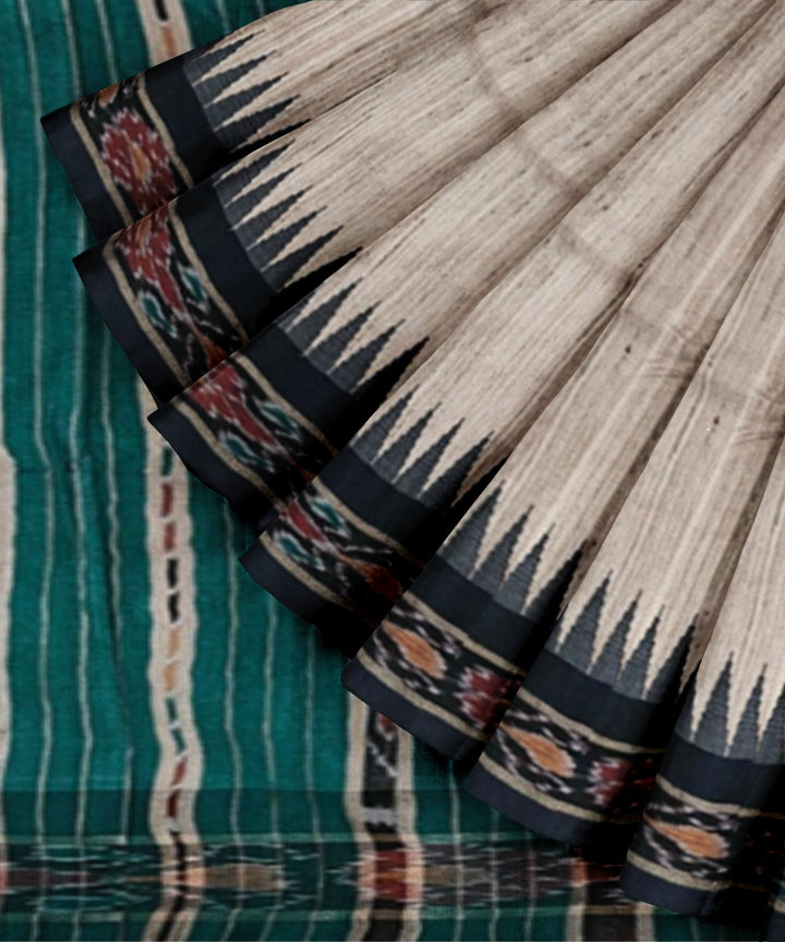 Beige green black border tussar silk handwoven sambalpuri saree