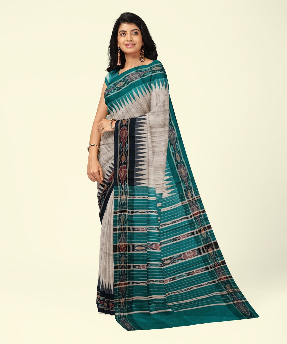 Beige green black border tussar silk handwoven sambalpuri saree