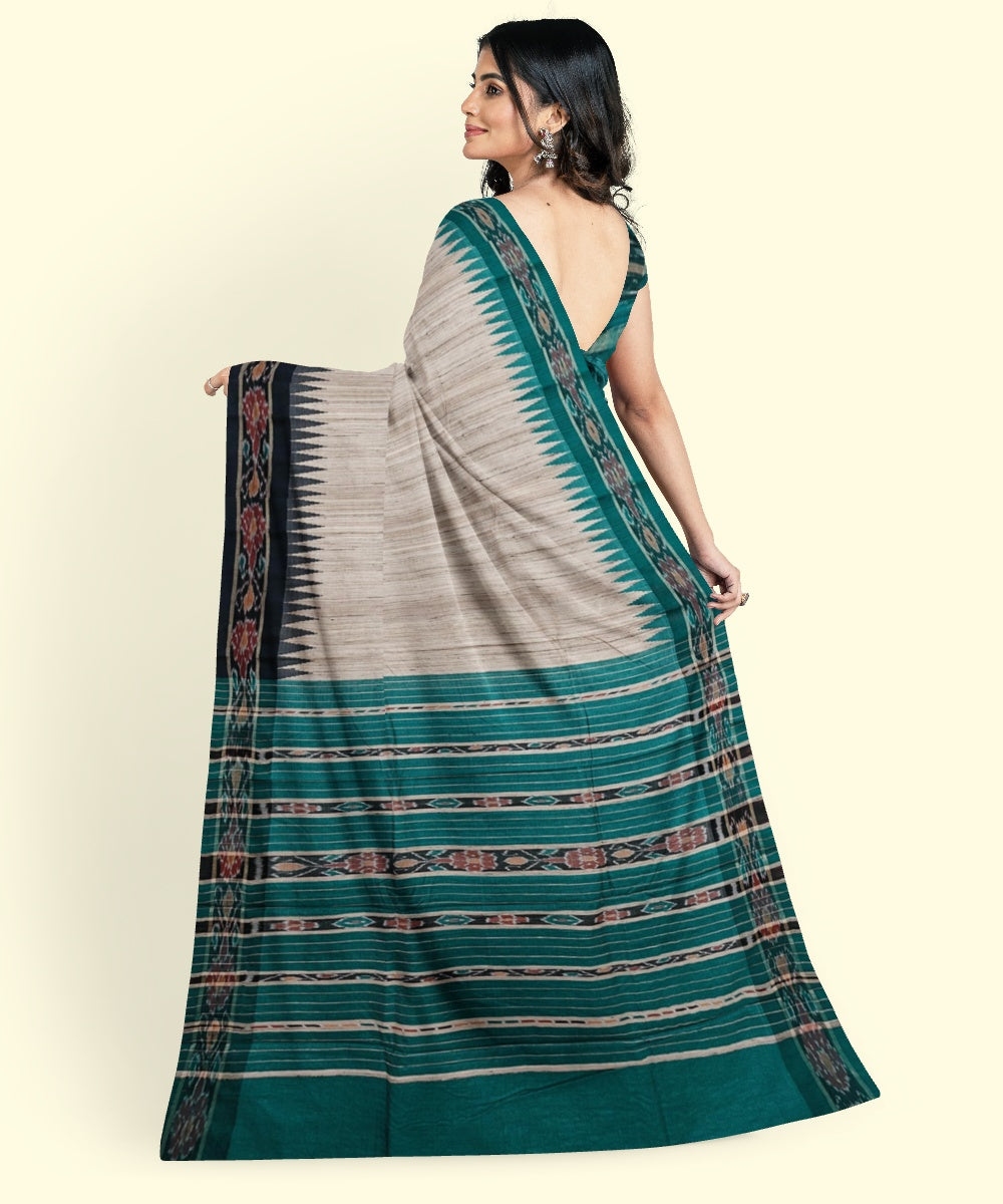 Beige green black border tussar silk handwoven sambalpuri saree