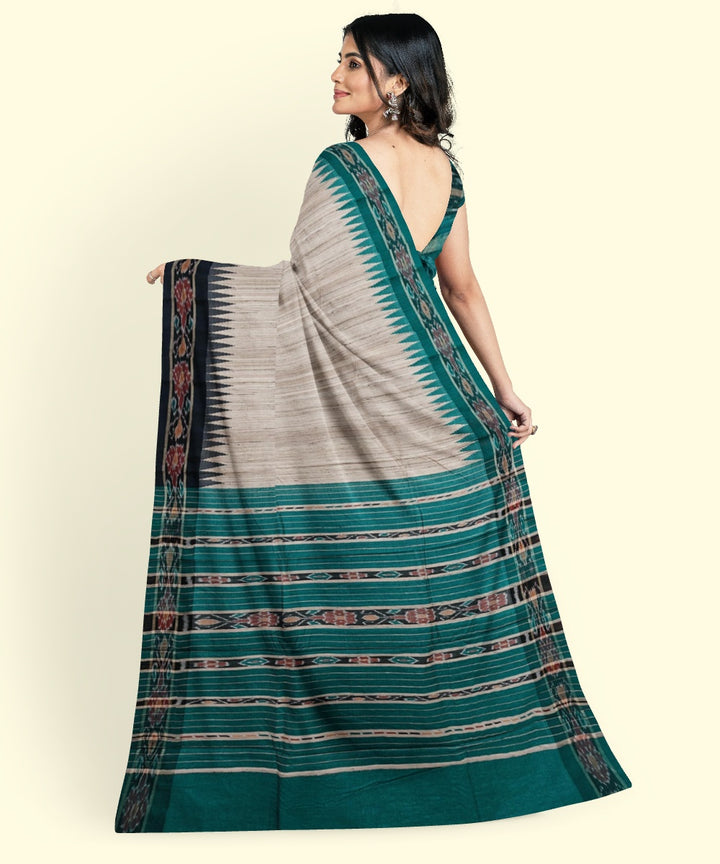 Beige green black border tussar silk handwoven sambalpuri saree