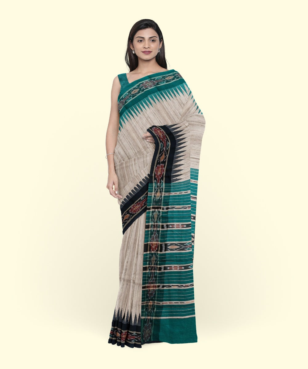Beige green black border tussar silk handwoven sambalpuri saree