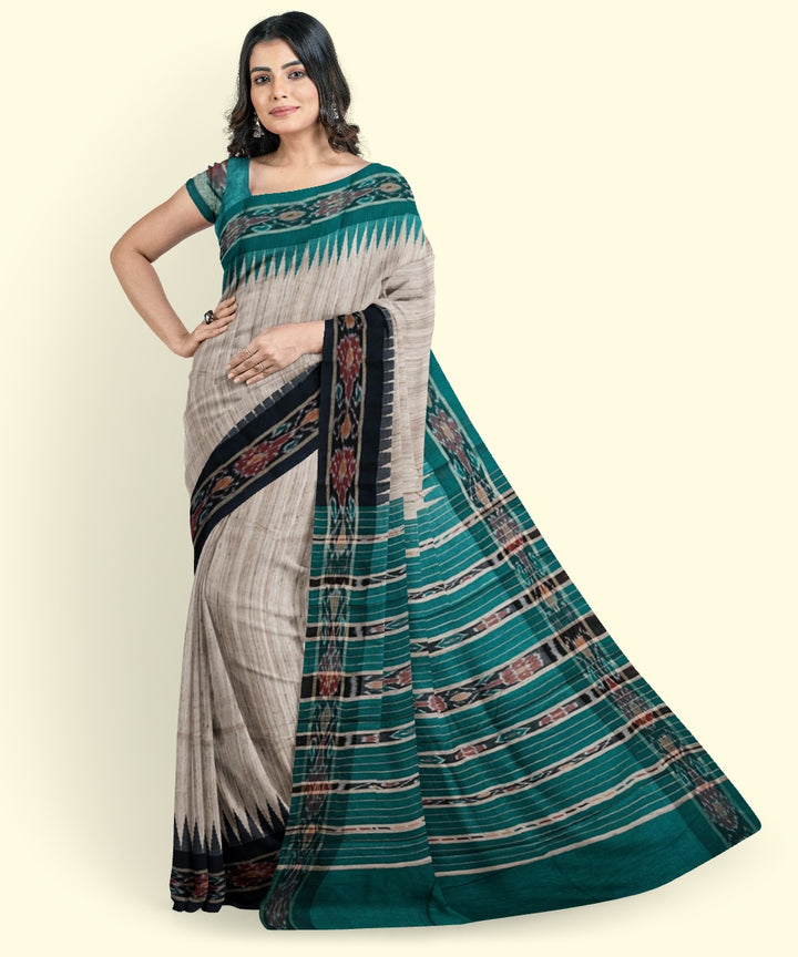 Beige green black border tussar silk handwoven sambalpuri saree