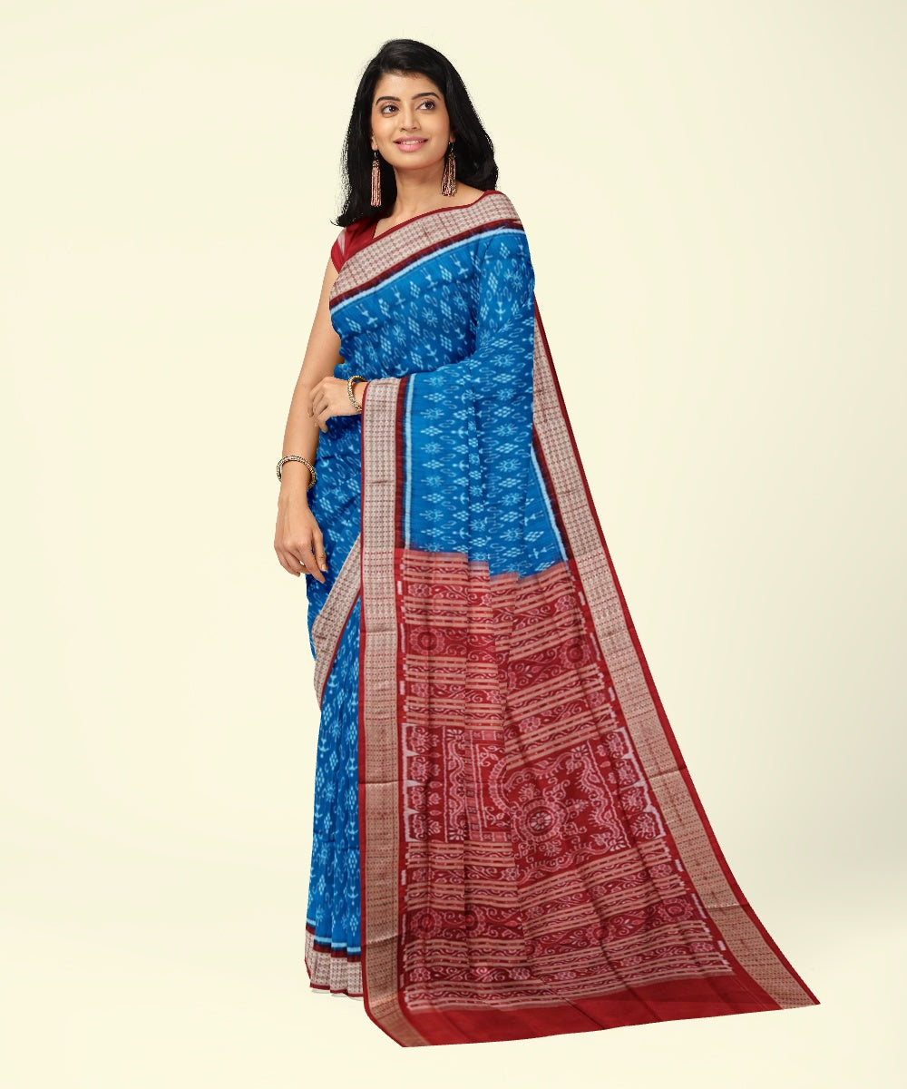 Sky blue maroon silk handwoven sambalpuri saree