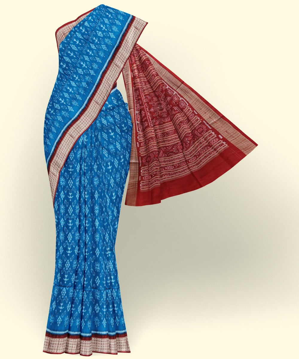 Sky blue maroon silk handwoven sambalpuri saree