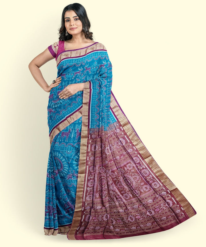 Sky blue purple silk handwoven sambalpuri saree
