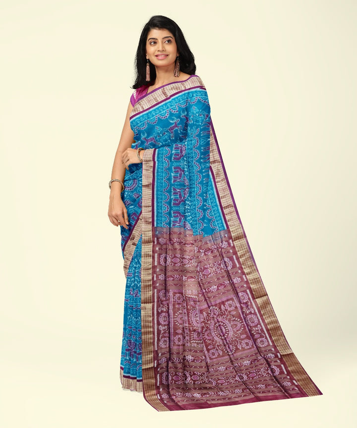 Sky blue purple silk handwoven sambalpuri saree