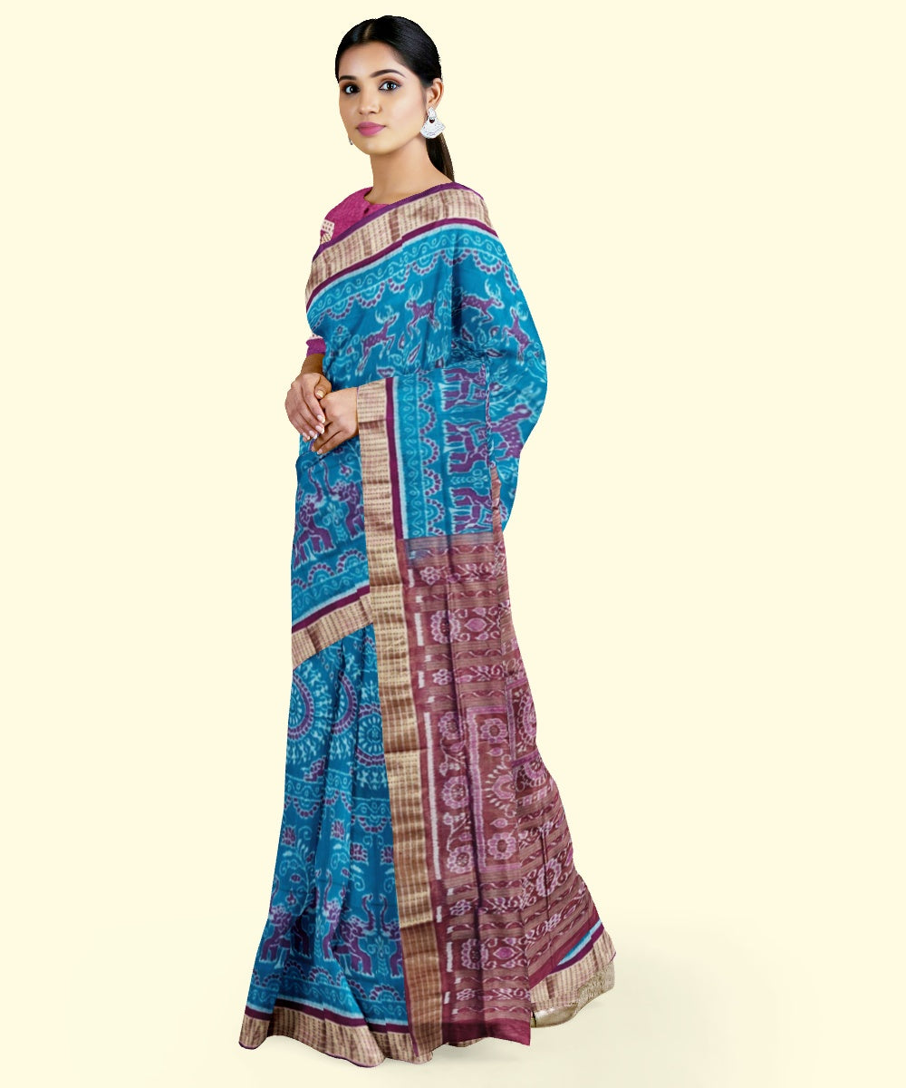 Sky blue purple silk handwoven sambalpuri saree