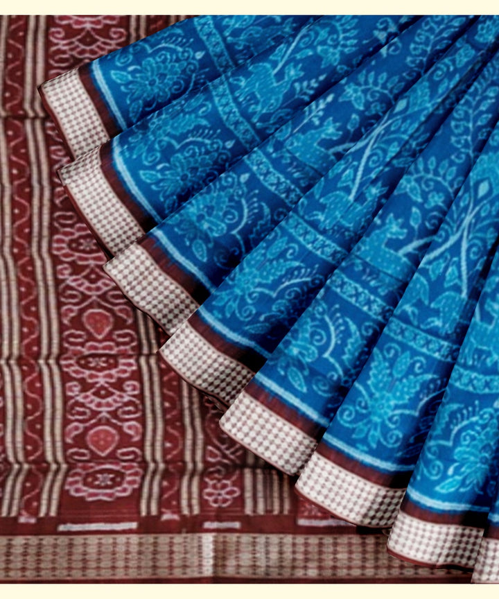Cyan blue maroon silk handwoven sambalpuri saree
