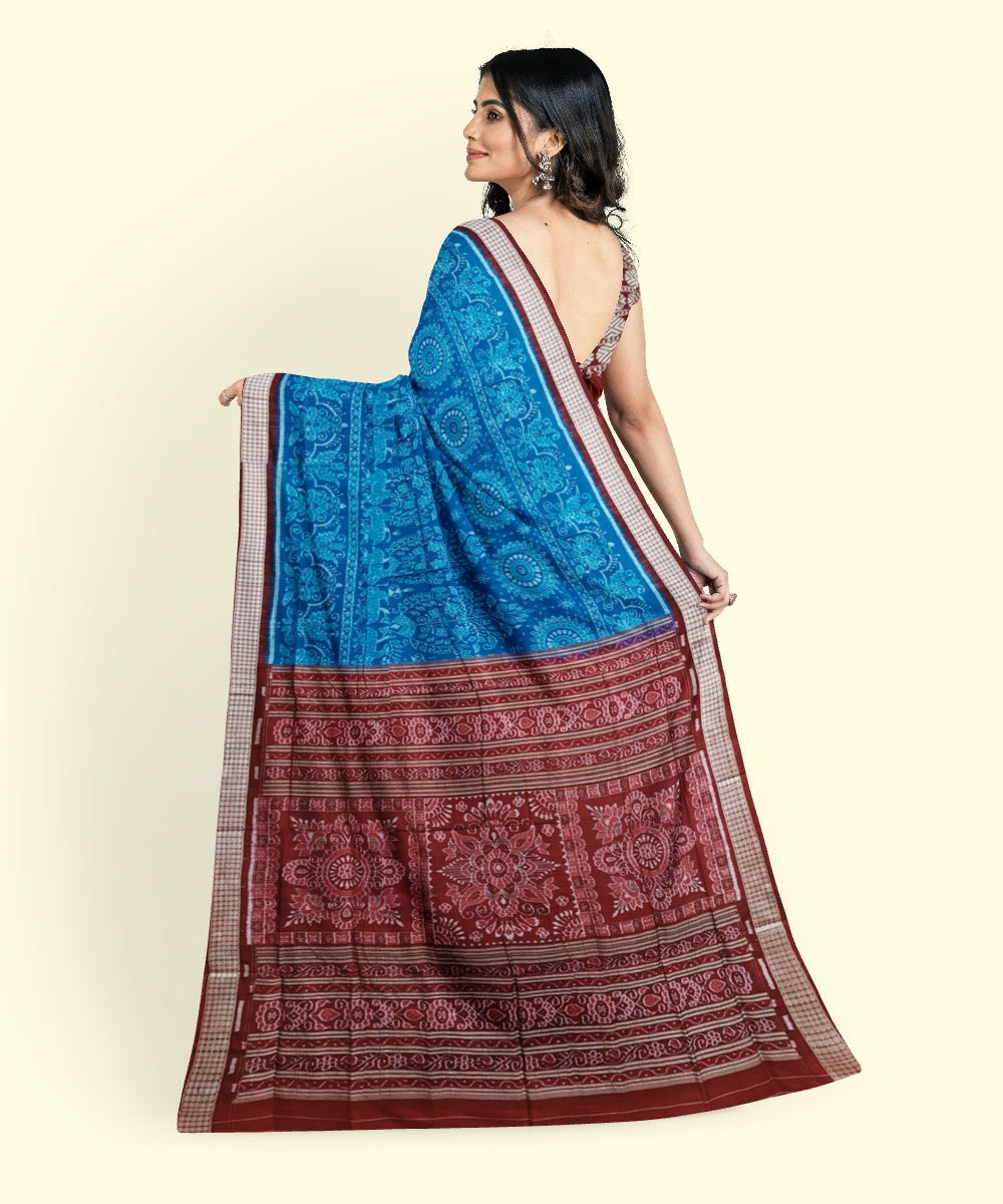 Cyan blue maroon silk handwoven sambalpuri saree