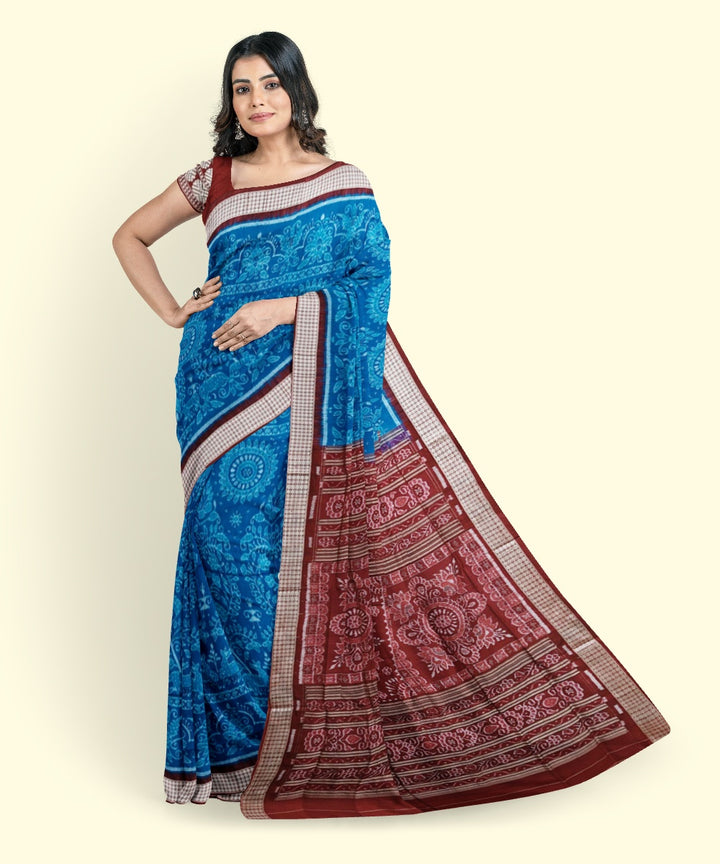 Cyan blue maroon silk handwoven sambalpuri saree