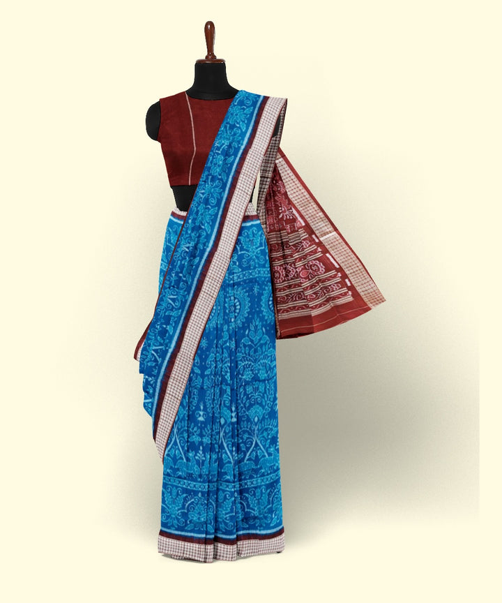 Cyan blue maroon silk handwoven sambalpuri saree