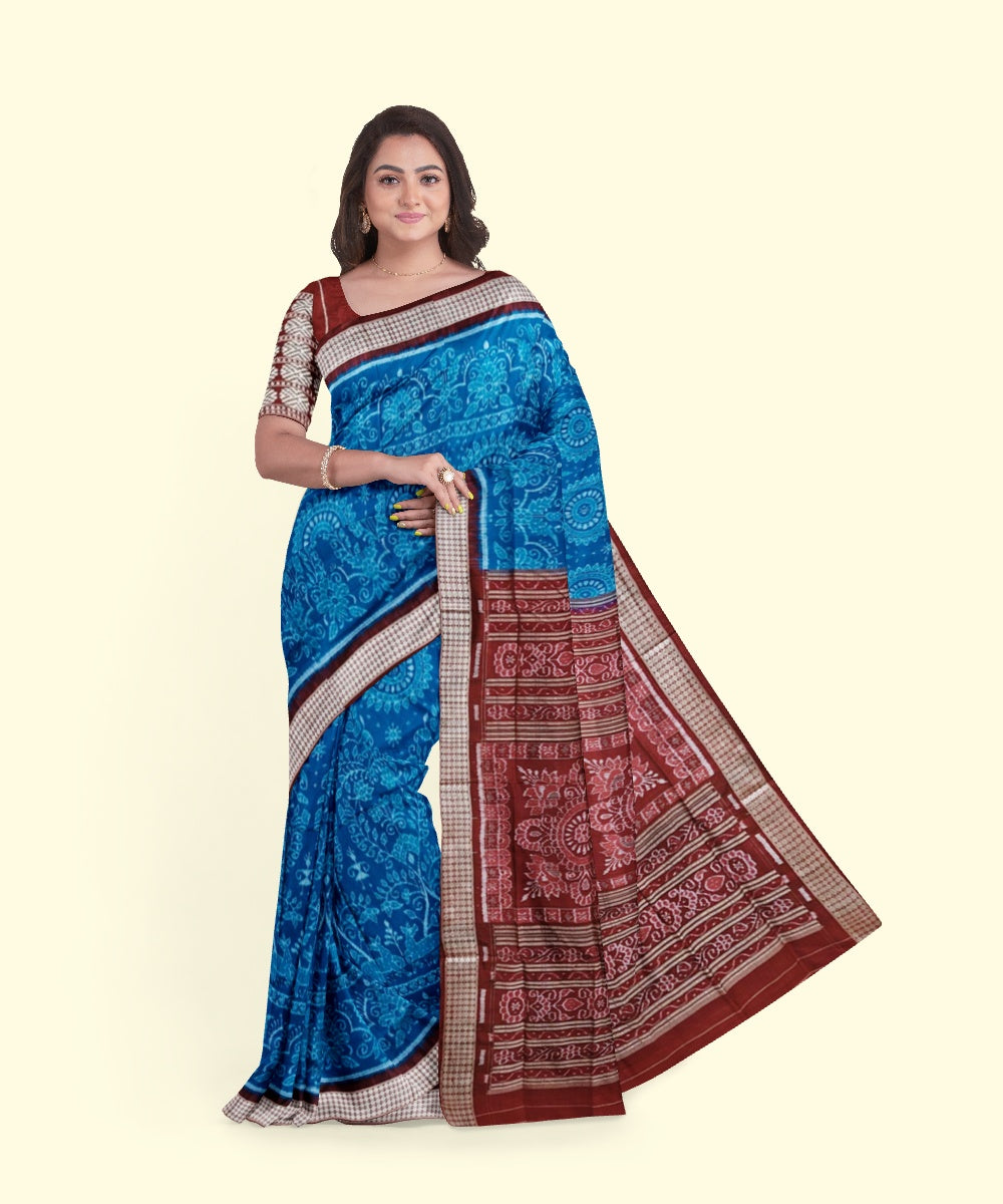 Cyan blue maroon silk handwoven sambalpuri saree