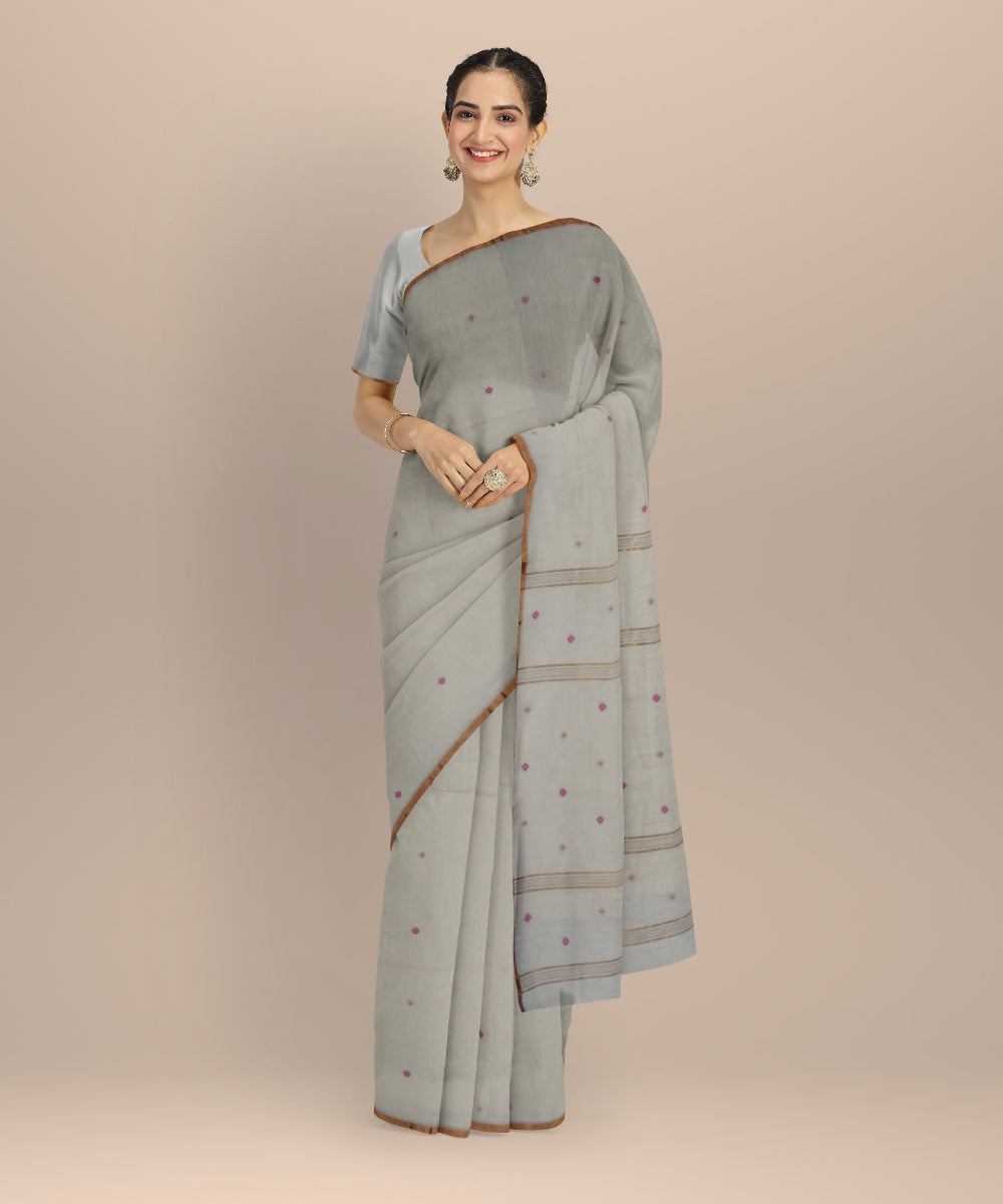Cream brown handwoven cotton jamdani saree