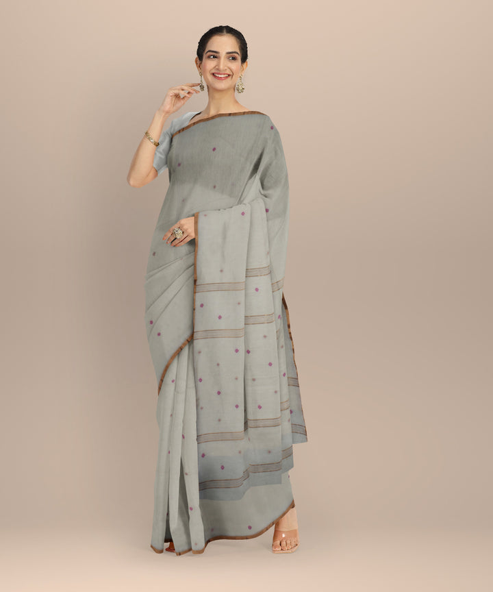 Cream brown handwoven cotton jamdani saree