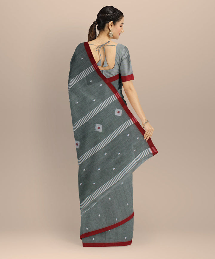 Light green maroon handwoven cotton jamdani saree