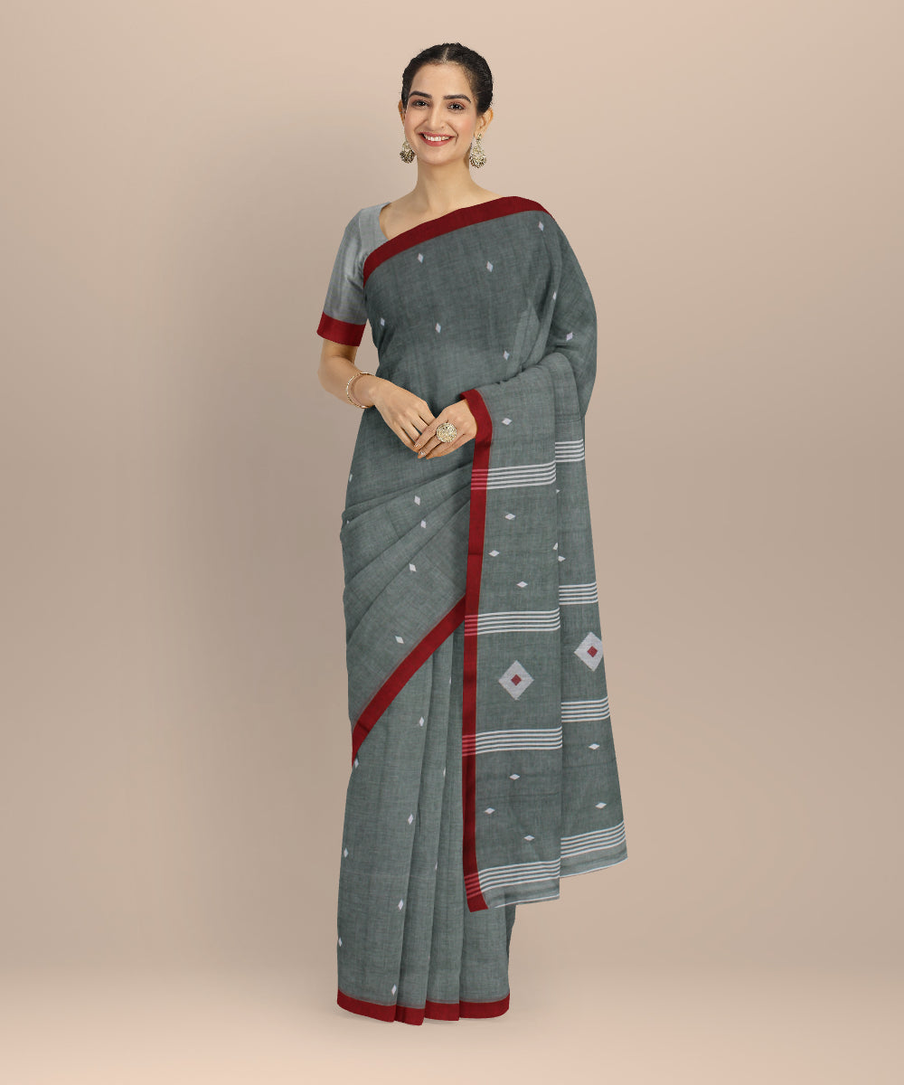 Light green maroon handwoven cotton jamdani saree