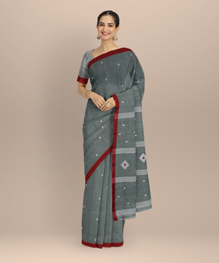 Light green maroon handwoven cotton jamdani saree