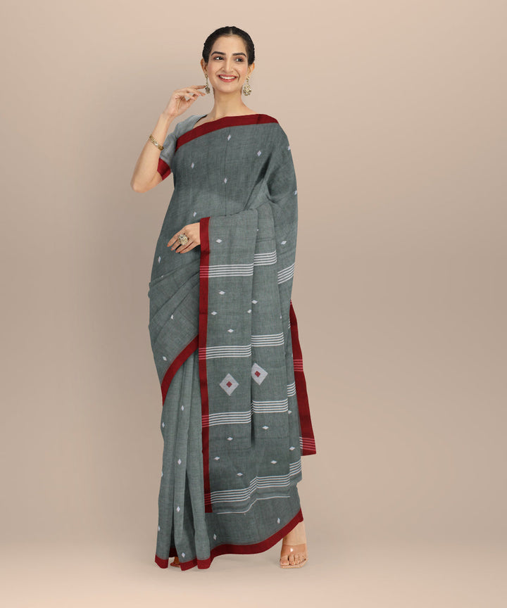 Light green maroon handwoven cotton jamdani saree