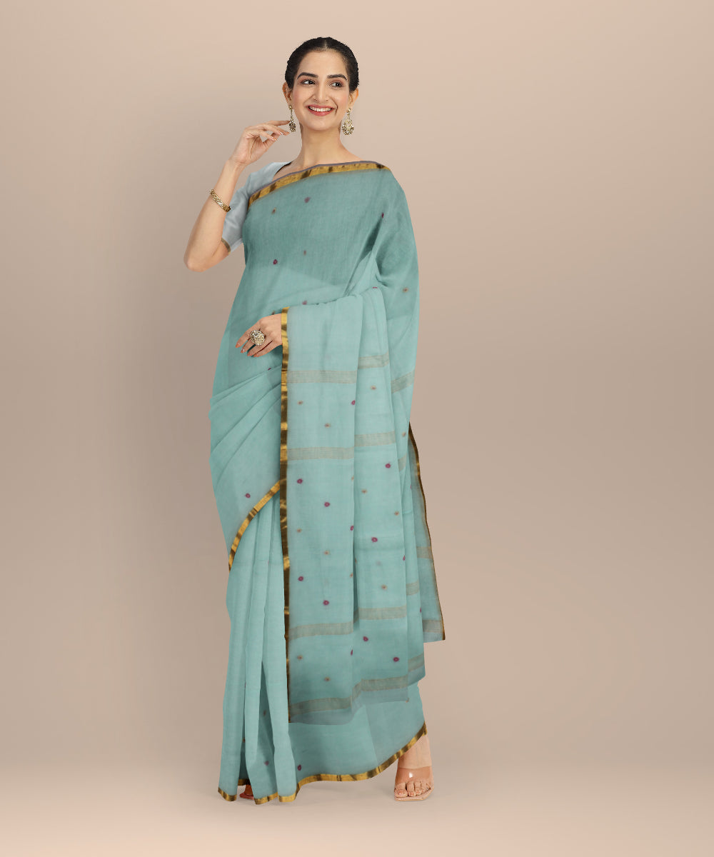 Cyan blue brown handwoven cotton jamdani saree