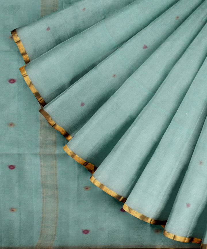 Cyan blue brown handwoven cotton jamdani saree