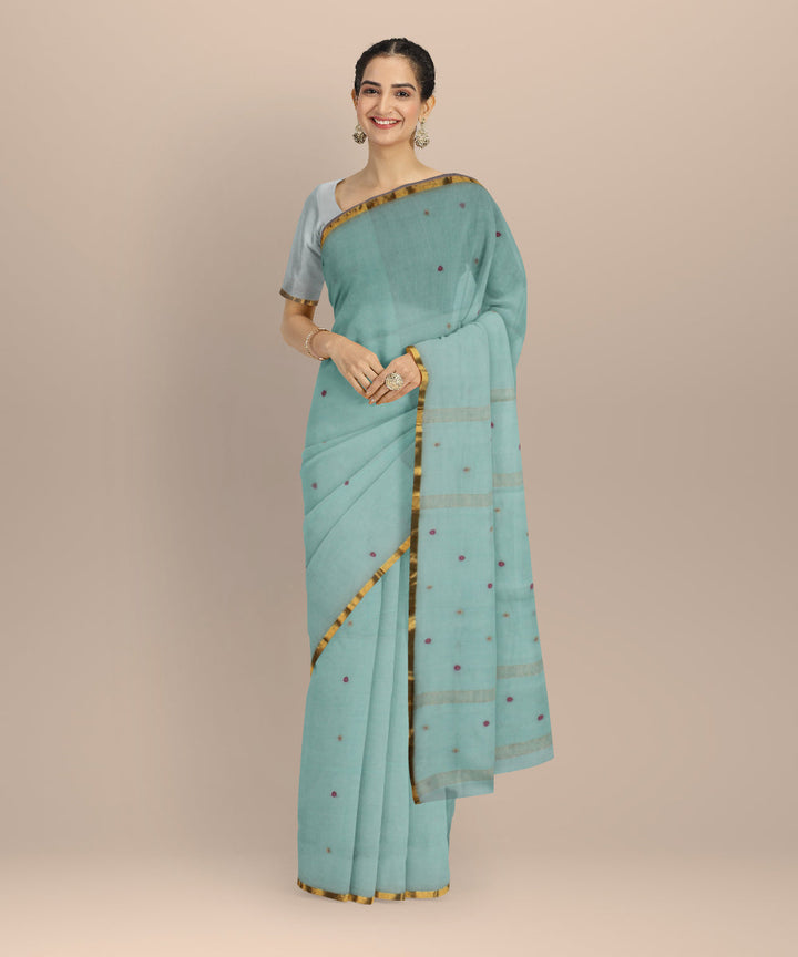 Cyan blue brown handwoven cotton jamdani saree