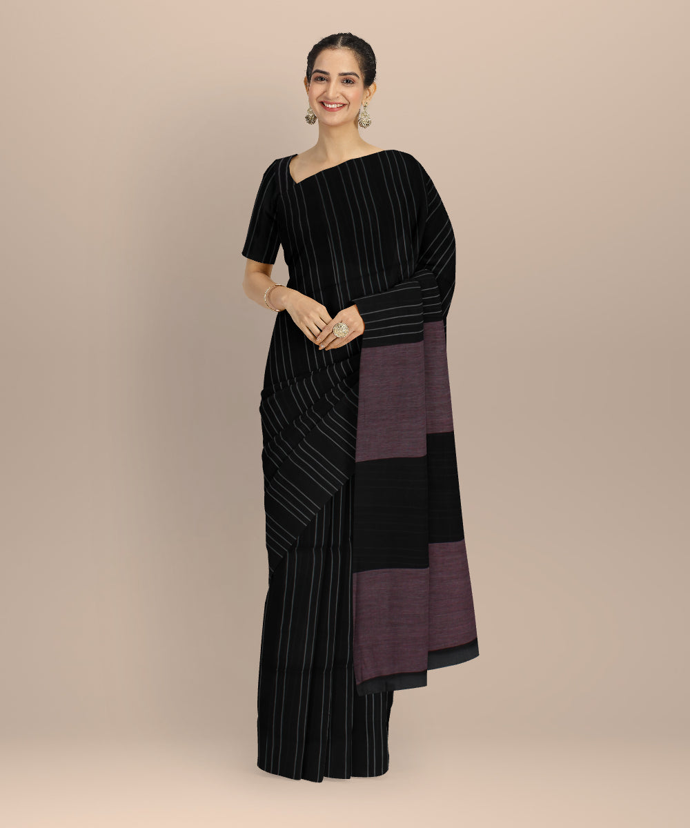 Black striped handwoven cotton bengal saree