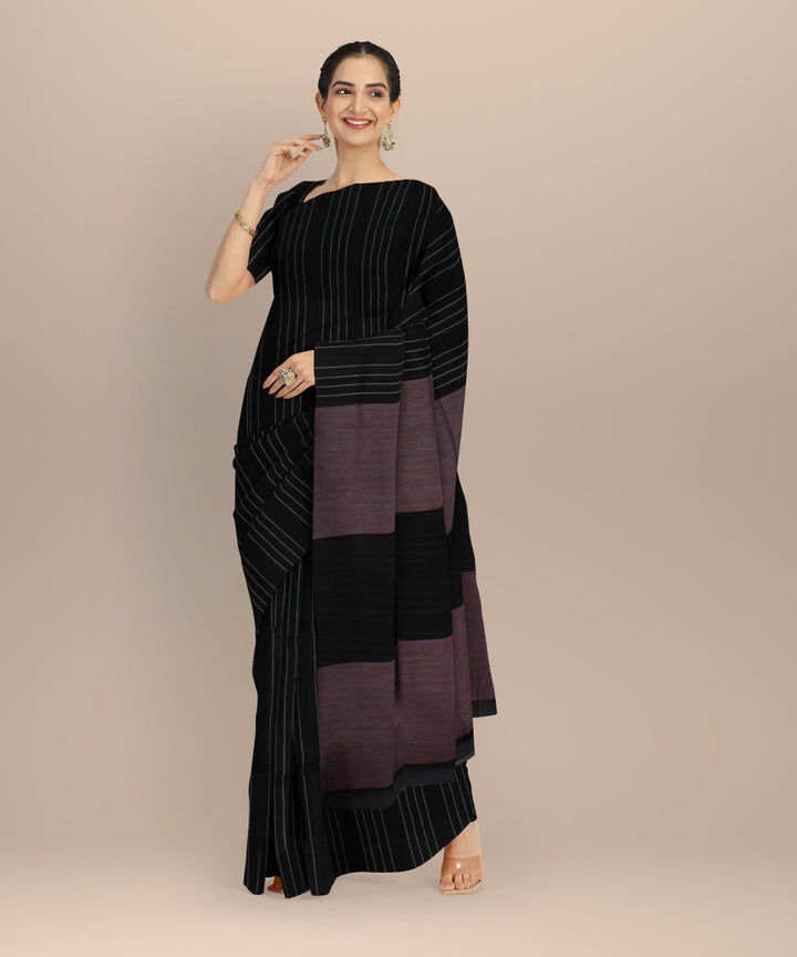 Black striped handwoven cotton bengal saree